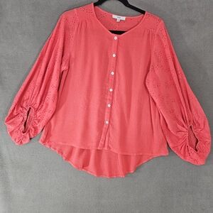 Fate Womens Small Button Up Shirt Coral Keyhole Balloon Sleeve Boho Oversized